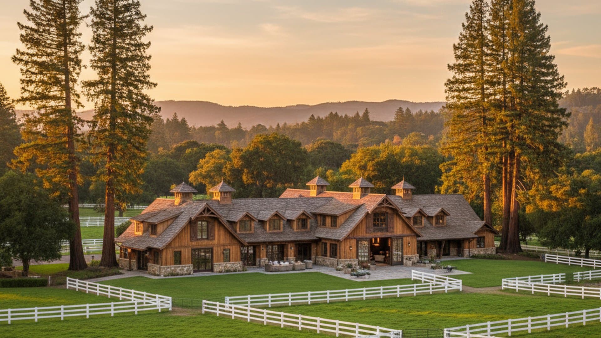 Woodside ranch-style estate with stone facade and wraparound porch — Peninsula equestrian luxury