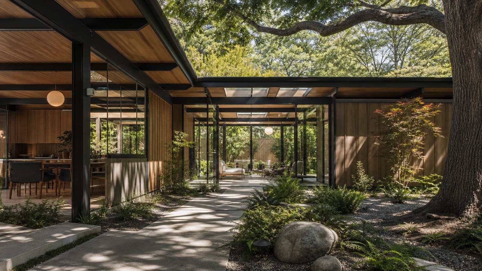 Mid-century modern Bay Area home with post-and-beam structure, glass atrium, wood ceiling, and garden connection